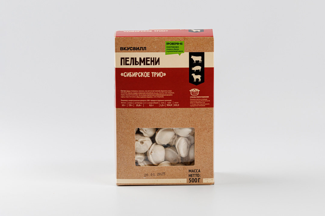 

Пельмени ВкусВилл Сибирское Трио 500 г