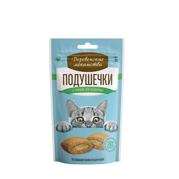 Лакомство для кошек Деревенские лакомства Подушечки с пюре из курицы, 30 г