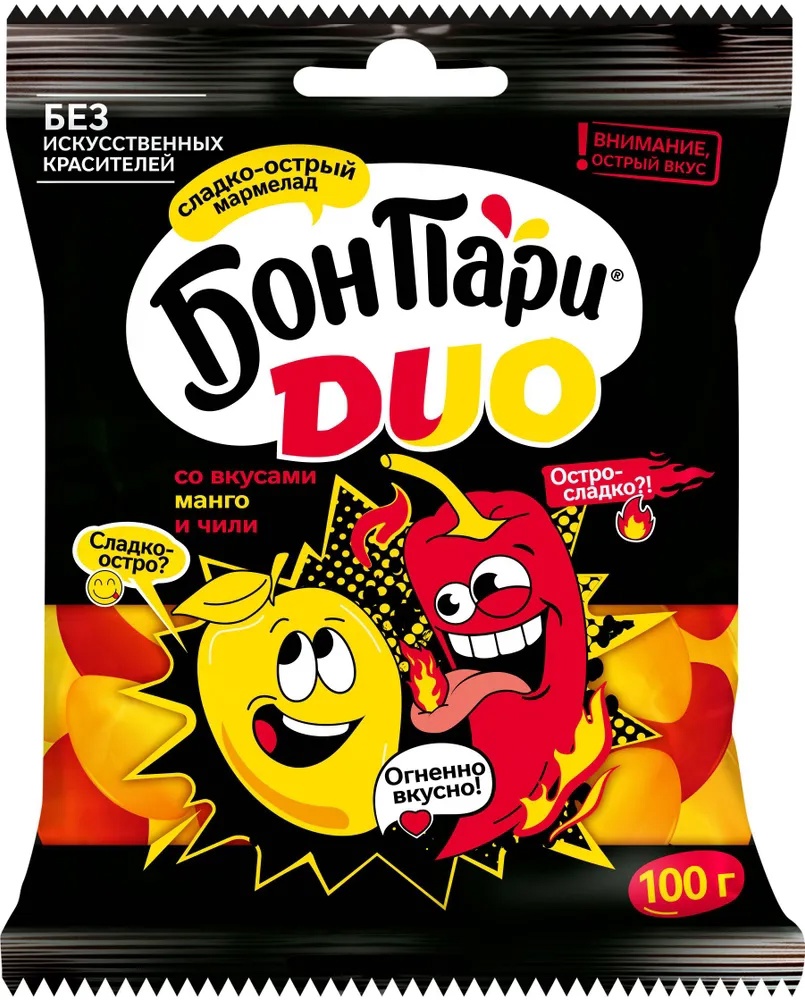 

Мармелад жевательный Бон Пари Duo Сладко-острый со вкусом спелый манго и острый чили 100 г
