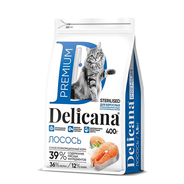 Корм сухой Delicana для стерилизованных кошек с лососем 400 г