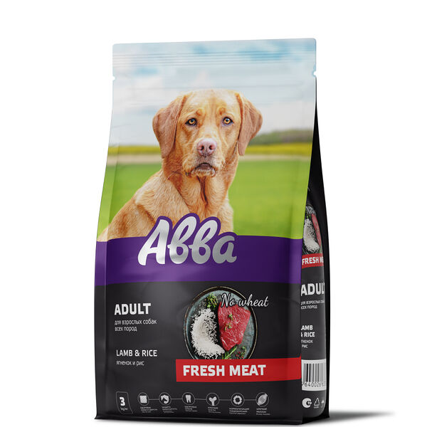 Fresh meat Корм Aвва сухой на основе свежего мяса для взрослых собак всех пород, с ягненком и рисом, 3 кг
