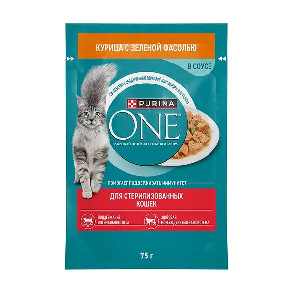 Влажный корм для стерилизованных кошек и кастрированных котов, PURINA ONE, курица и зелёная фасоль