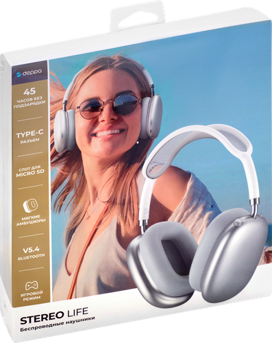 

Беспроводные накладные наушники Deppa Stereo Life BT 5.4, 350 мАч, серебристый