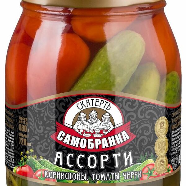 Овощные консервы Скатерть-Самобранка из корнишонов и томатов черри 680 г