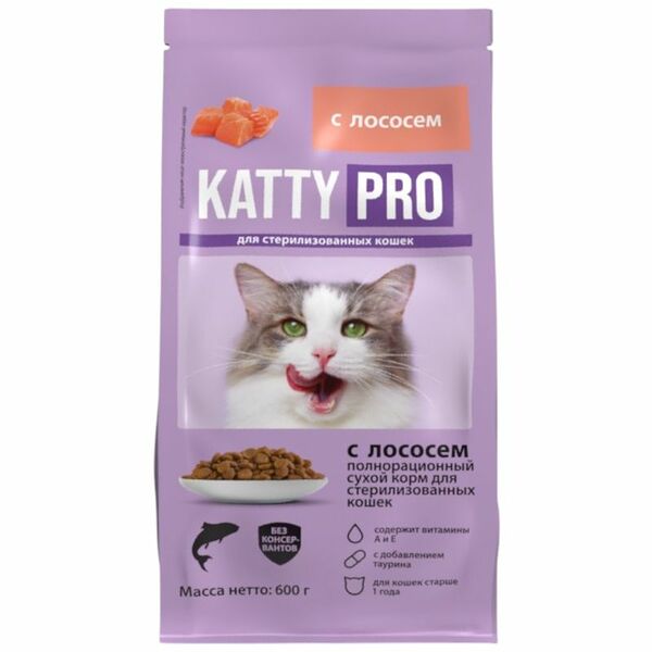 Корм сухой Katty Pro с лососем полнорационный для стерилизованных кошек 600 г