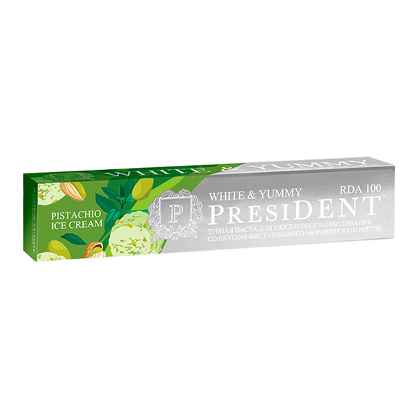 

Зубная паста President White & Yummy Отбеливающая фисташковое мороженое с мятой 75 г