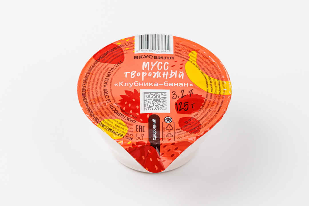 

Мусс творожный ВкусВилл Клубника-Банан однородный 3,2% 125 г