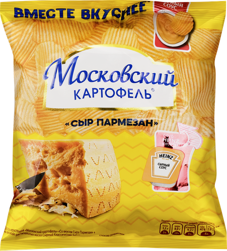 

Чипсы Московский картофель со вкусом сыра Пармезан 60 г + соус сырный 24.5 г