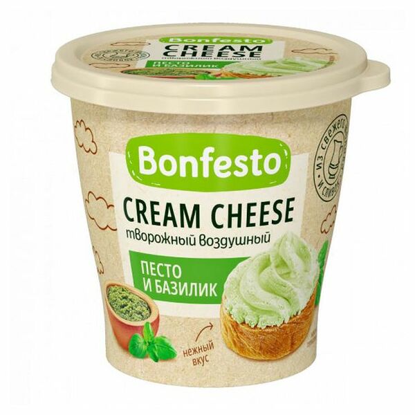 Сыр творожный Bonfesto Cream Cheese Воздушный песто и базилик 65% БЗМЖ 125 г