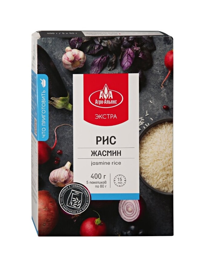 

Рис Агро-Альянс Экстра Жасмин белый длиннозерный шлифованный, 5 пакетиков для варки 400 г
