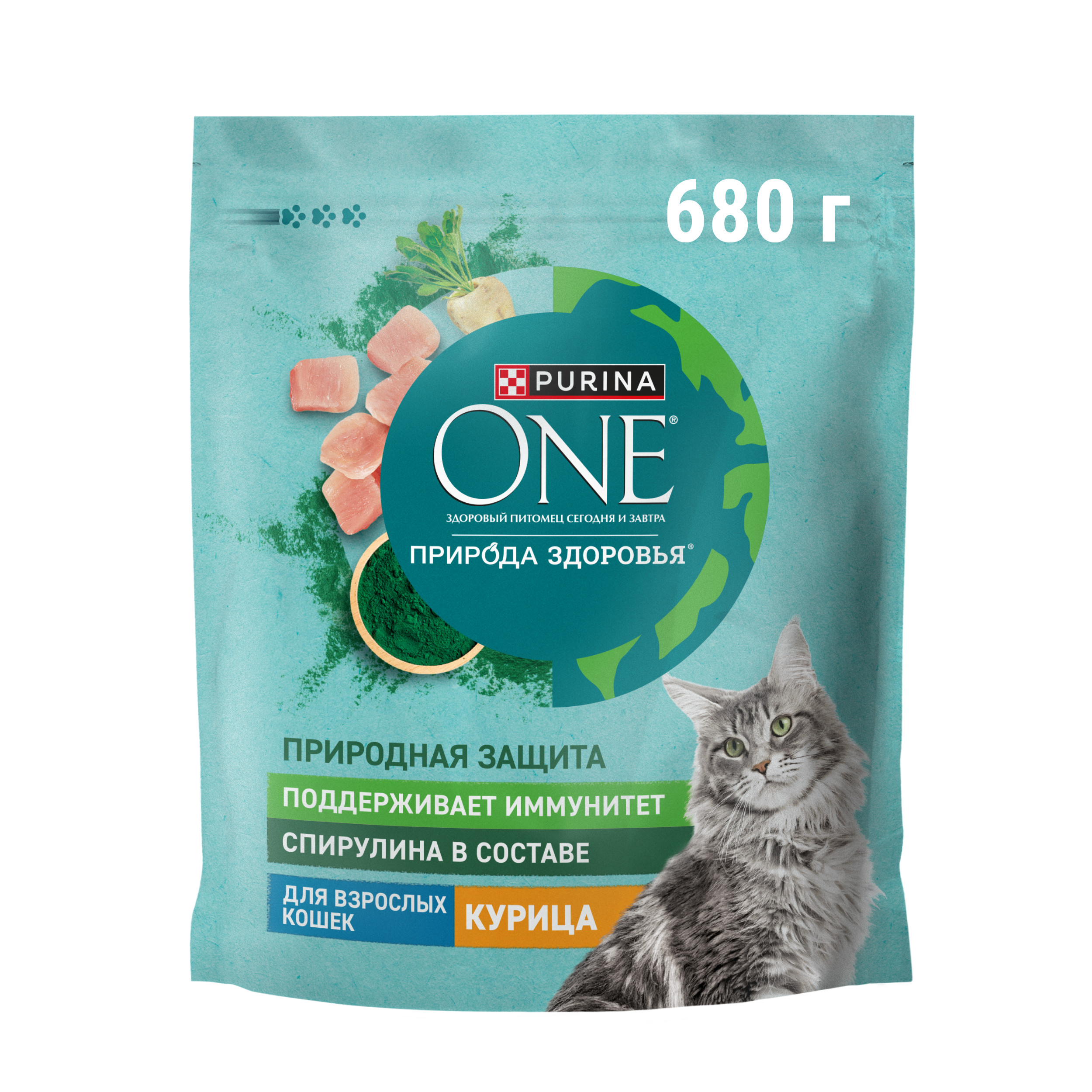 

Сухой корм Purina One Природа Здоровья для взрослых кошек со спирулиной, с высоким содержанием курицы 680 г