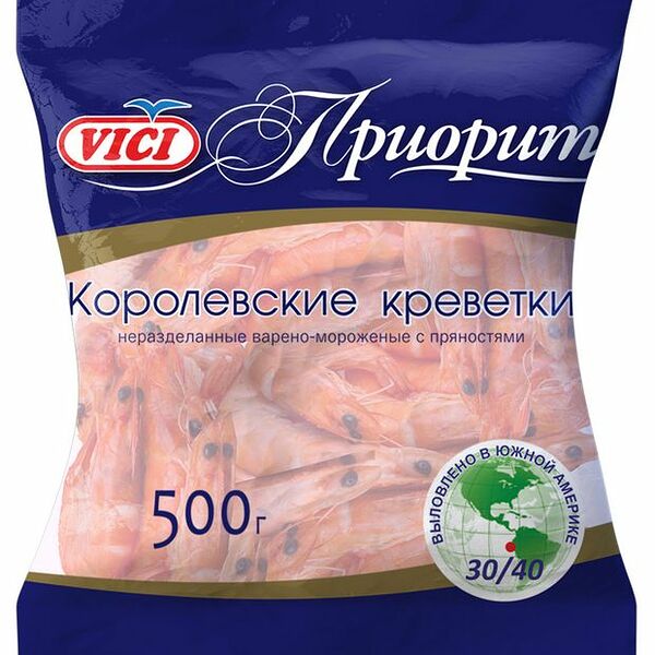 Креветки Vici Королевские 30/40 в панцире варено-мороженые 500 г