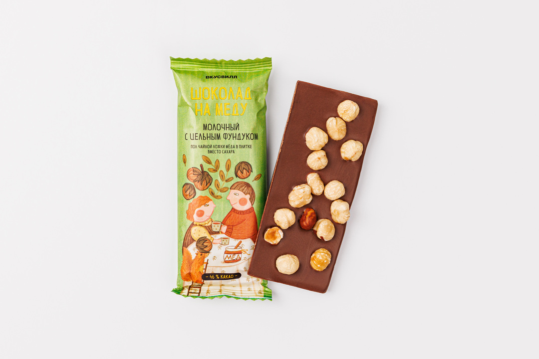 

Шоколад на меду "Молочный" с цельным фундуком 45 г
