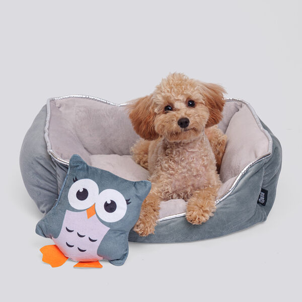 Лежак Rurri для кошек и собак мелких пород серый с игрушкой совёнок 54x45x17 см