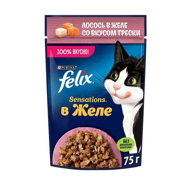 Влажный корм Felix Sensations для взрослых кошек с лососем в желе с добавлением трески 75 г