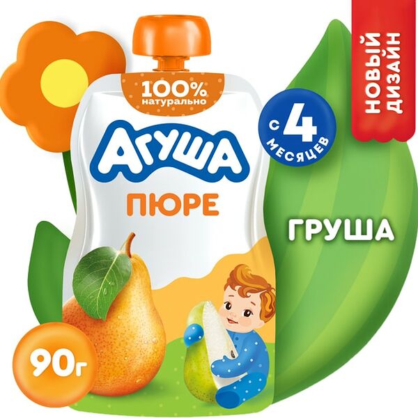 Пюре фруктовое детское Агуша Груша в мягкой упаковке с 4 месяцев 90 г