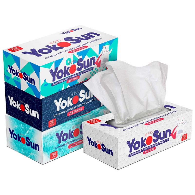 

Салфетки детские YokoSun бумажные 2-х слойные 200 шт. 1 упаковка, дизайн в ассортименте