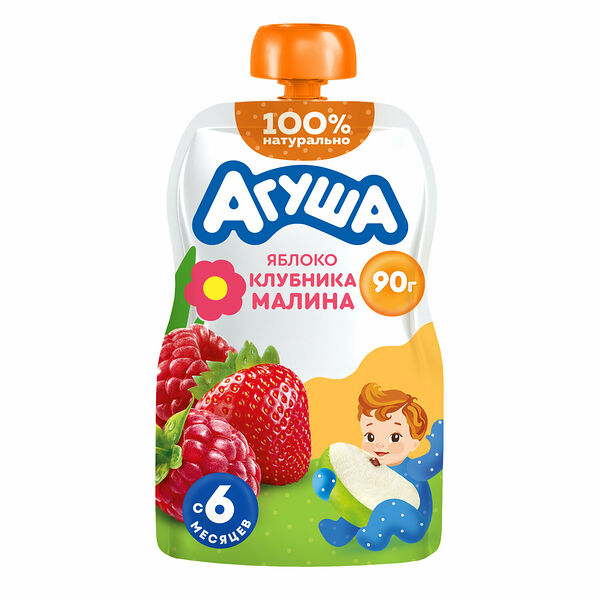 Пюре фруктово-ягодное детское Агуша Яблоко-клубника-малина с 6 месяцев 90 г