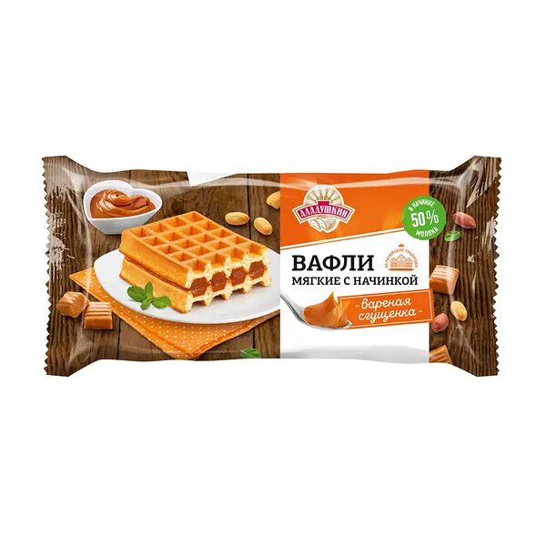 Вафли мягкие с начинкой, Аладушкин, варёная сгущёнка, 108 г