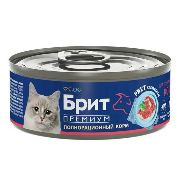 Влажный корм Brit Premium для взрослых стерилизованных кошек риет из говядины 100 г 