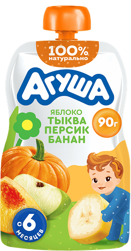Пюре фруктово-овощное детское Агуша яблоко, тыква, персик, банан с 6 месяцев 90 г