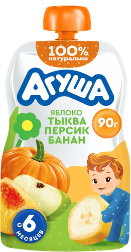 

Пюре фруктово-овощное детское Агуша яблоко, тыква, персик, банан с 6 месяцев 90 г