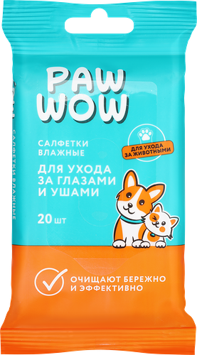 Салфетки влажные Paw Wow для ухода за глазами и ушами животных, 20 шт.