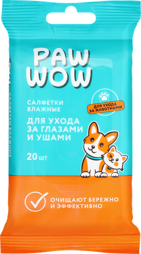 

Салфетки влажные Paw Wow для ухода за глазами и ушами животных, 20 шт.