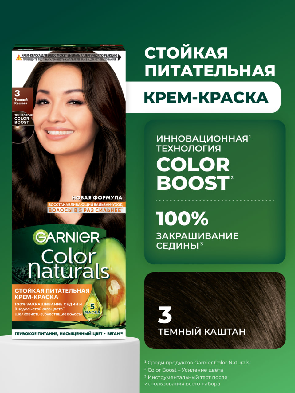 

Стойкая питательная крем-краска для волос Garnier Color Naturals оттенок 3 Темный каштан 110 мл