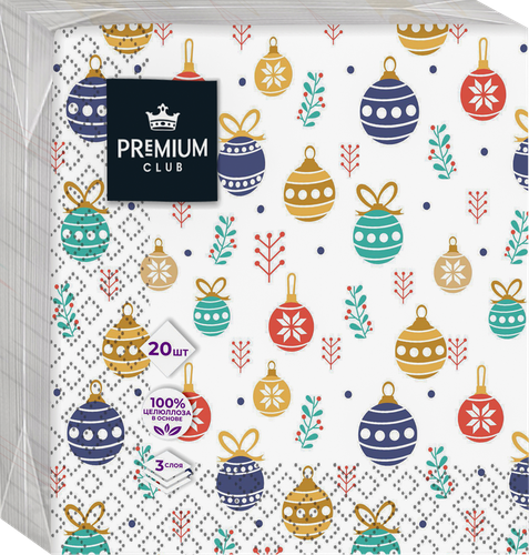 

Салфетки бумажные Premium Club Шарики и шишки 3-слоя 33 х 33 см 20 шт., дизайн в ассортименте