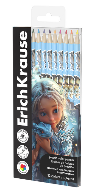 

Цветные карандаши ErichKrause Magic Pet пластиковые трехгранные, грифель 3 мм, 12 цветов