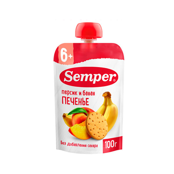 Пюре фруктовое Semper персик, банан, печенье 100 г