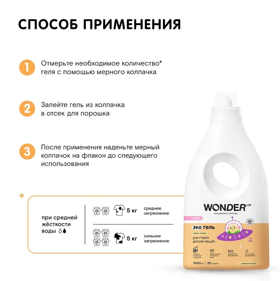 

Средство для стирки Wonder Lab Экогель Цветы хлопка для детских вещей 1л