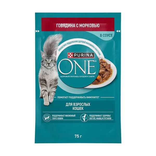 Влажный корм для взрослых кошек, PURINA ONE, с говядиной и морковью, 75 г