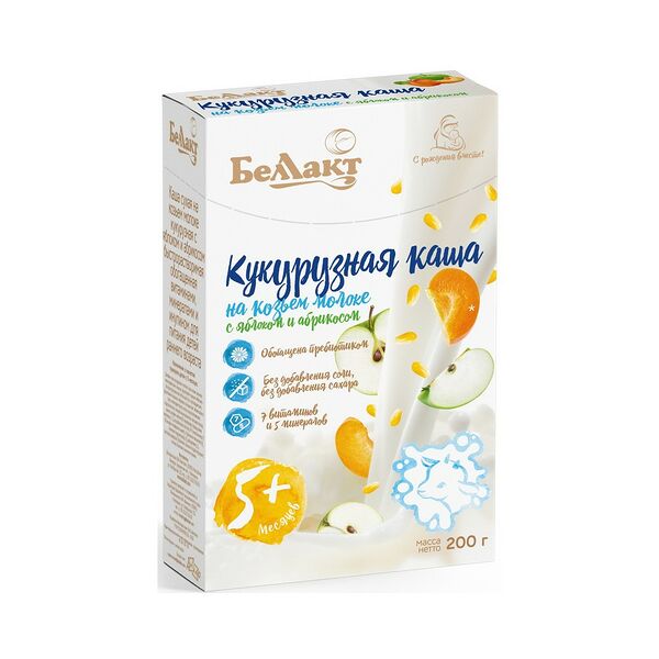 Каша молочная Беллакт б/р кукурузная на козьем мол с ябл и абрик обог вит минер 200г ДП