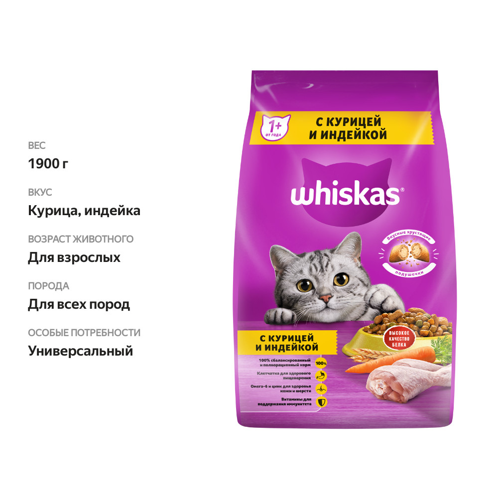 

Сухой корм для кошек Whiskas подушечки с паштетом ассорти с курицей и индейкой 1900 г