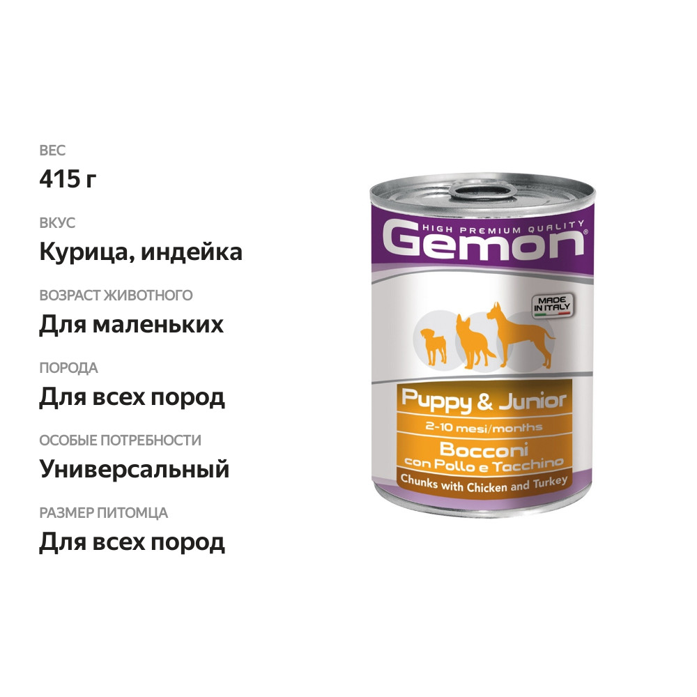 

Gemon Dog Puppy & Junior консервы для щенков (кусочки) Курица и индейка 415 г