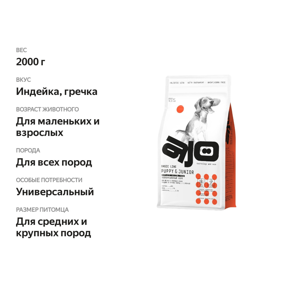 

Сухой корм Ajo для щенков и молодых собак Basic Line Puppy & Junior с индейкой и гречкой для средних и крупных пород 2 кг