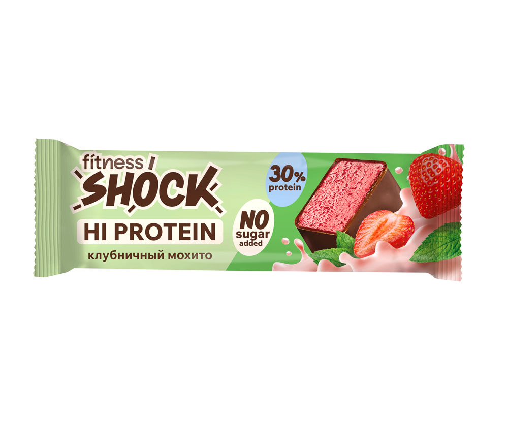 

Батончик протеиновый FitnesShock Hi Protein глазированный Клубничный мохито 40 г