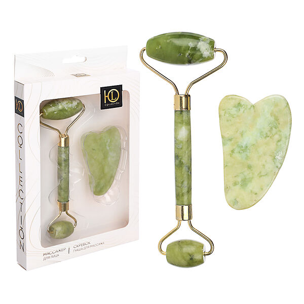 Массажер для лица 14x5.5 см и скребок гуаша для массажа ЮниLook 7х4.4 см, металл, мыльный камень