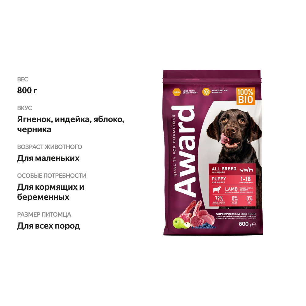 

Сухой корм Award для щенков от 1 месяца, беременных и кормящих всех пород, с ягненком и индейкой, яблоко и черника 800 г