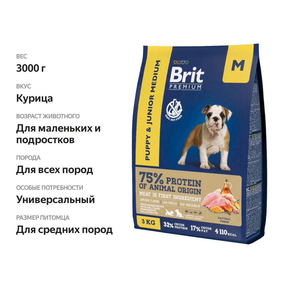 

Корм для молодых собак средних пород Brit Premium Junior M Курица + 5 трав 3 кг