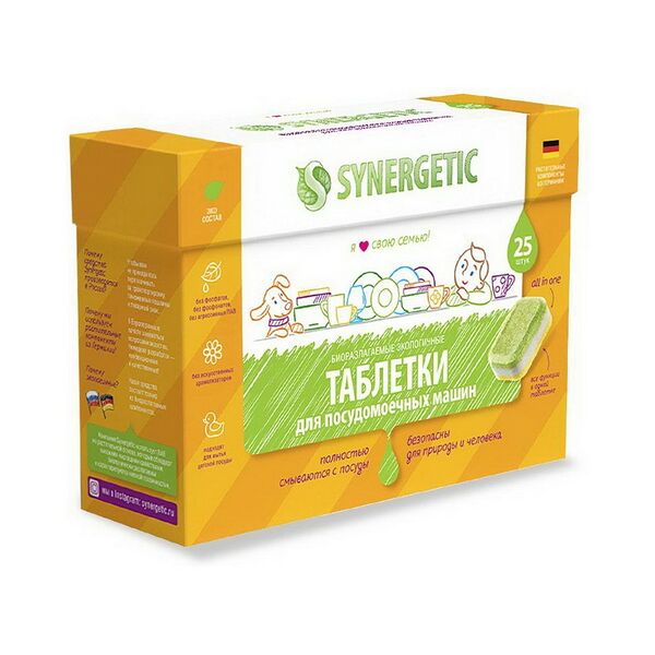 Таблетки д/ПММ SYNERGETIC бесфосфатные, в водорастворимой пленке, без запаха, 25шт