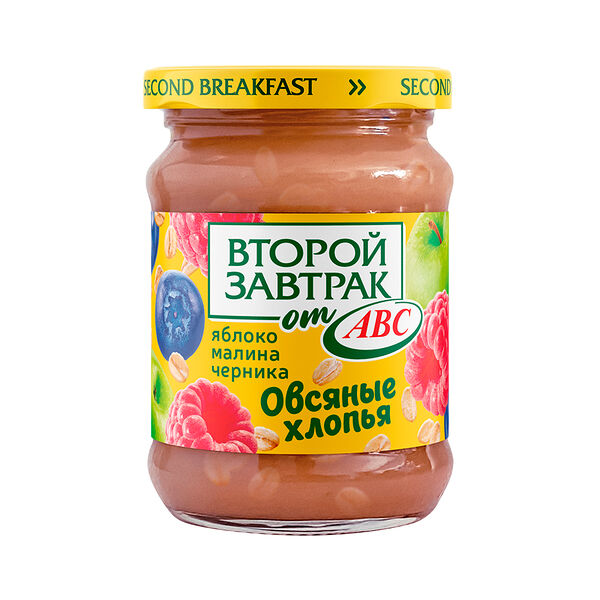 Десерт фрукт из яблок малины и черники с овсяными хлопьями 250г ст/б Второй завтрак