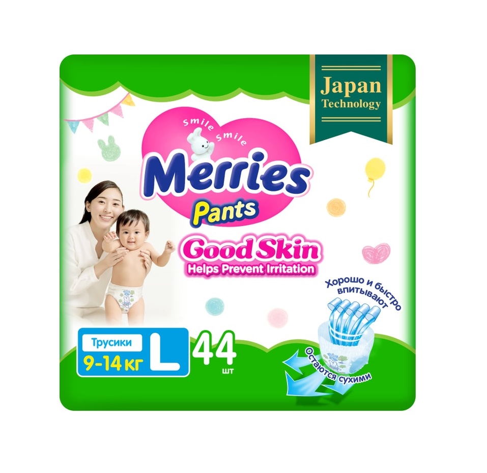 

Подгузники-трусики Merries Good Skin р.L 9-14 кг 44 шт.