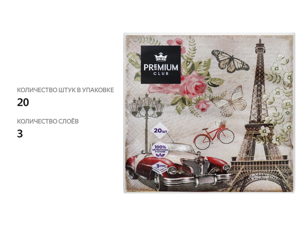 

Салфетки бумажные PREMIUM CLUB Ретро 3-слоя 33х33см, 20шт, в ассортименте
