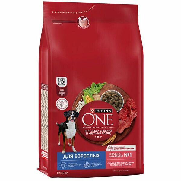 Сухой корм Purina One для взрослых собак средних и крупных пород, с высоким содержанием говядины и с рисом 3.8 кг