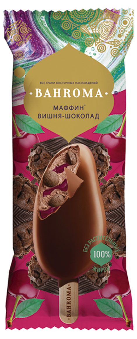 

Мороженое пломбир Bahroma Маффин вишня шоколад с кусочками бисквита в молочном шоколаде 12% БЗМЖ 75 г