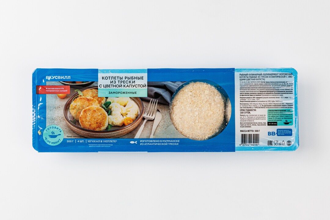 

Котлеты рыбные ВкусВилл из трески с цветной капустой замороженный 300 г