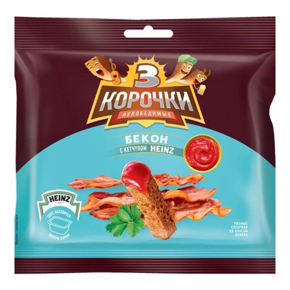

Сухарики Три корочки со вкусом бекона 60 г + кетчуп Heinz 25 мл